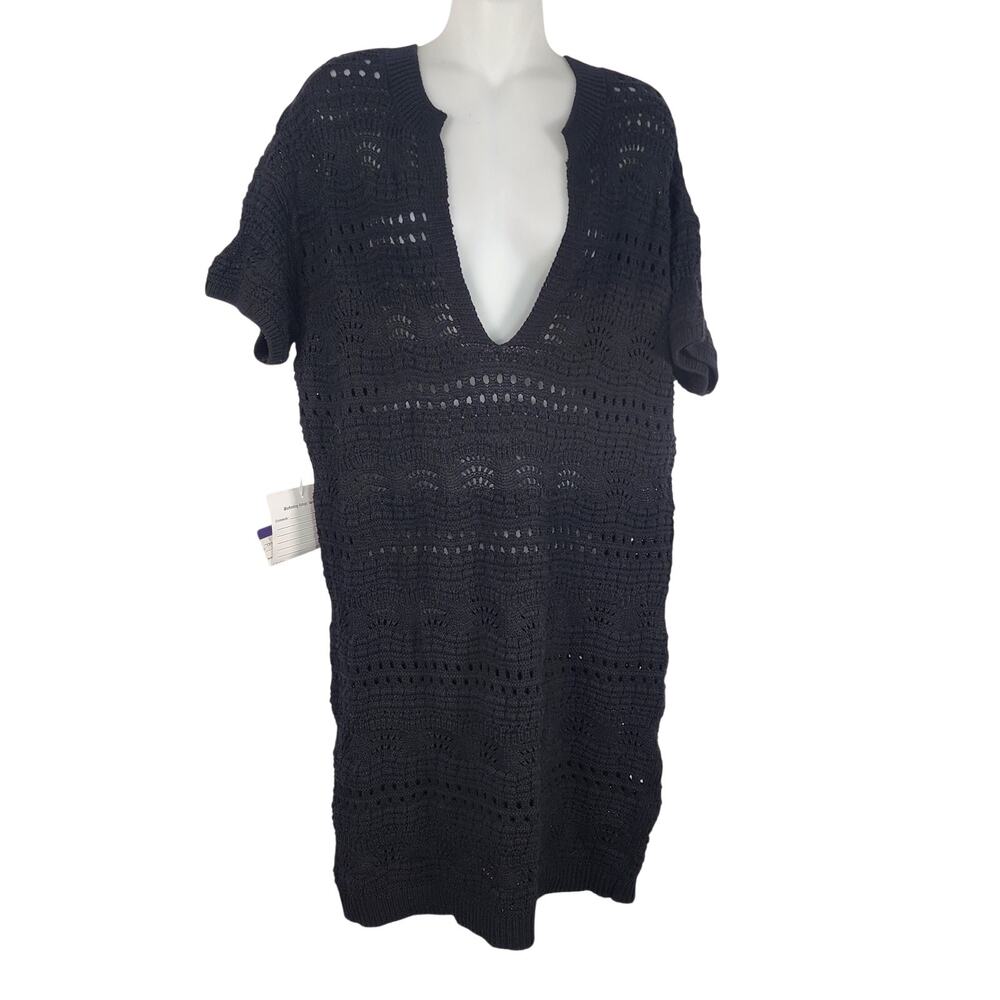 Loft Beach Womens Swim Coverup Split Neck Sweater Pointelle Knit Black M Cotton